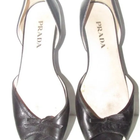 Prada Black Leather Open Toe D'orsay Style Flats with a Bow Accent