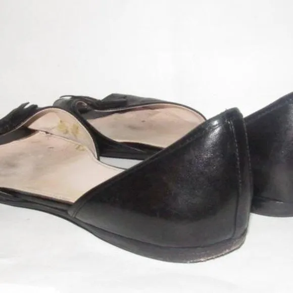 Prada Black Leather Open Toe D'orsay Style Flats with a Bow Accent