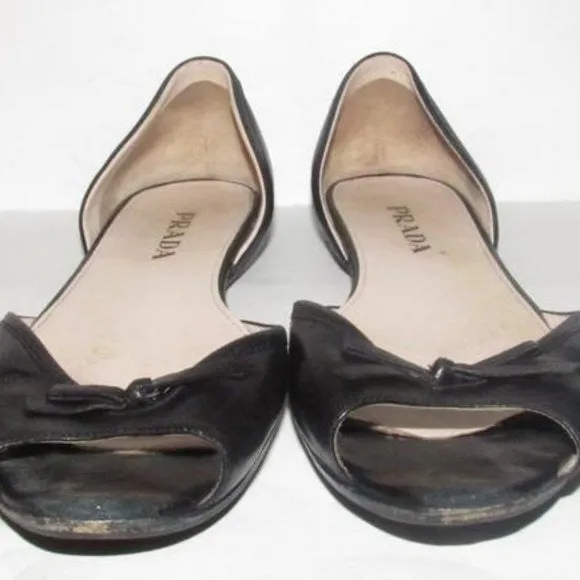 Prada Black Leather Open Toe D'orsay Style Flats with a Bow Accent