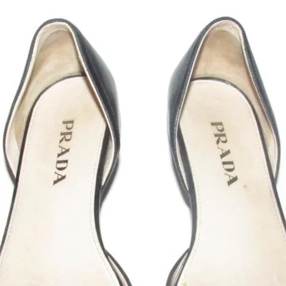 Prada Black Leather Open Toe D'orsay Style Flats with a Bow Accent