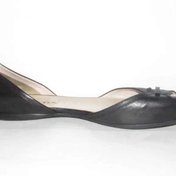 Prada Black Leather Open Toe D'orsay Style Flats with a Bow Accent