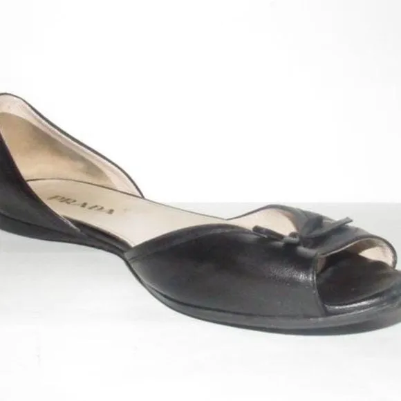 Prada Black Leather Open Toe D'orsay Style Flats with a Bow Accent