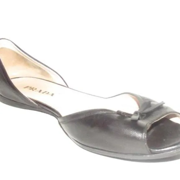 Prada Black Leather Open Toe D'orsay Style Flats with a Bow Accent