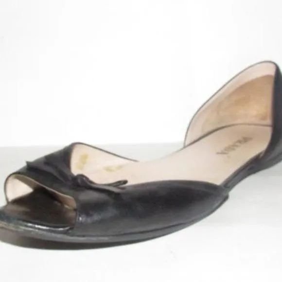 Prada Black Leather Open Toe D'orsay Style Flats with a Bow Accent