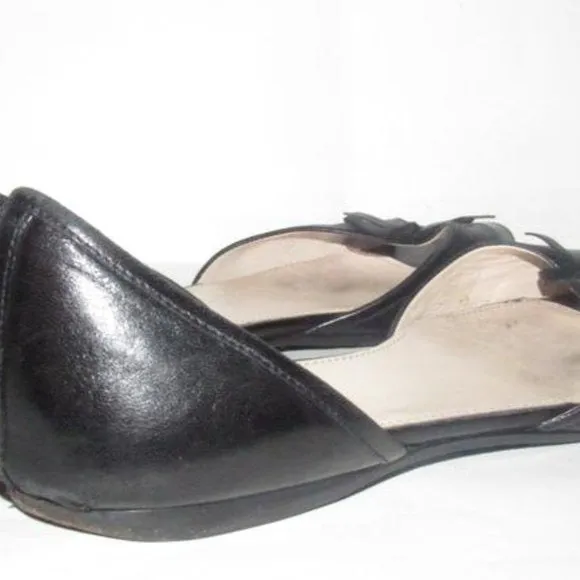 Prada Black Leather Open Toe D'orsay Style Flats with a Bow Accent