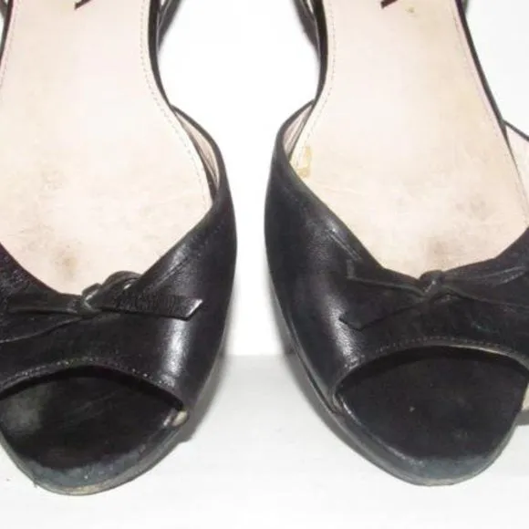 Prada Black Leather Open Toe D'orsay Style Flats with a Bow Accent