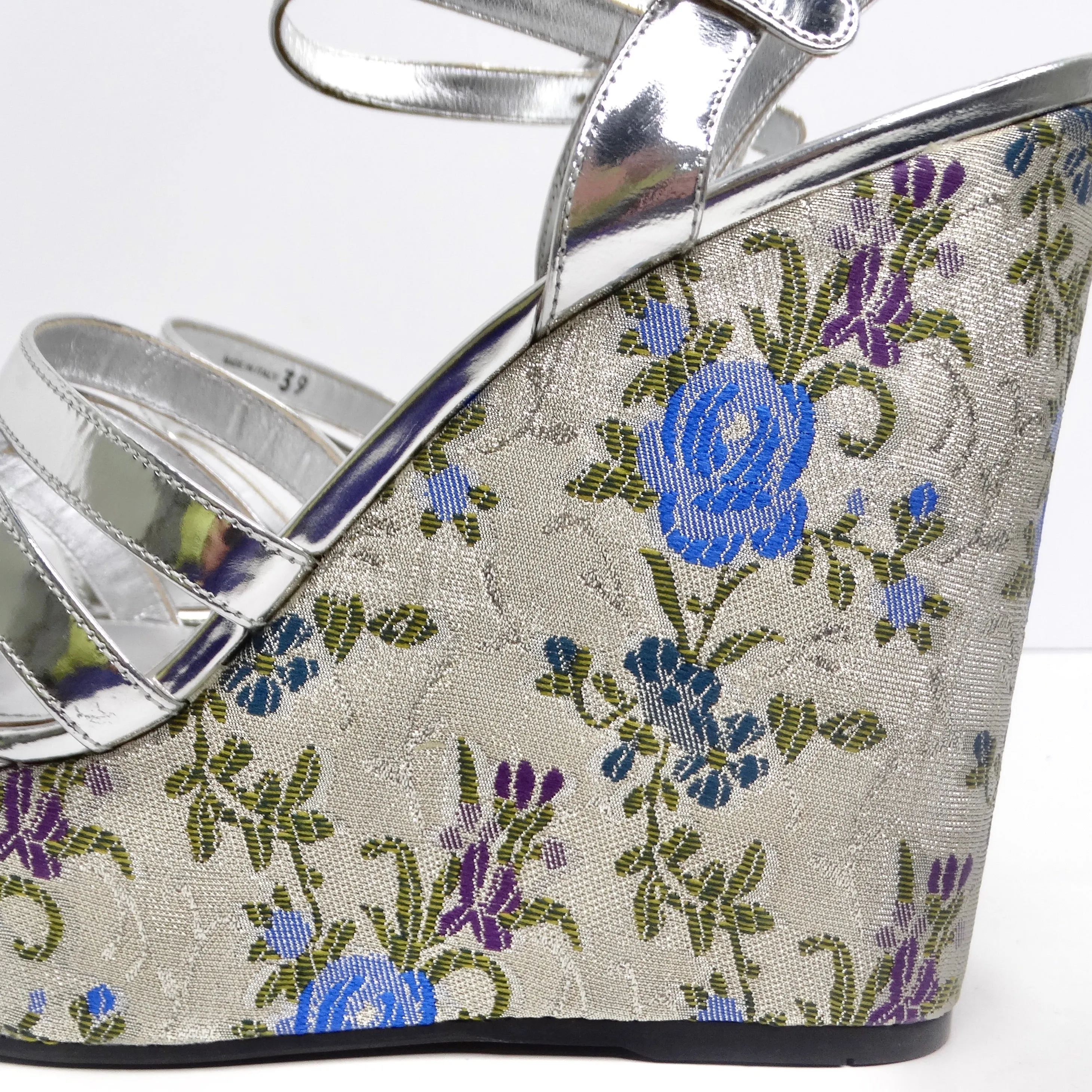 Prada Metallic Silver Floral Jacquard Leather Wedge Sandals