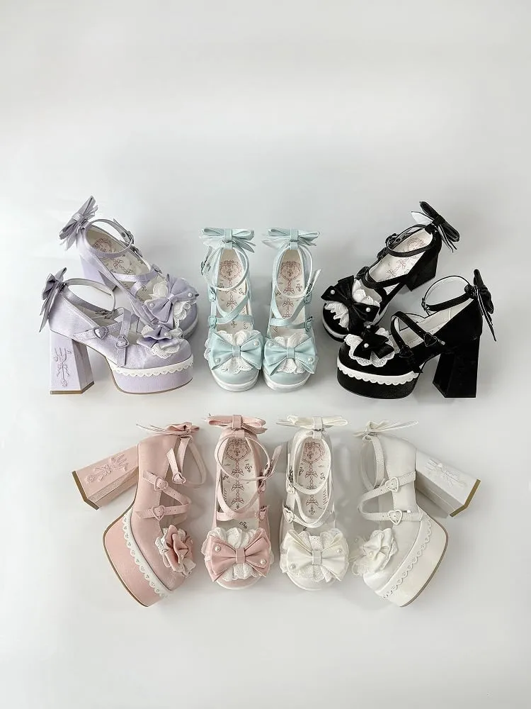 Purple Lolita Lace Bowknot Buckle Straps Fork Platform Block High Heels