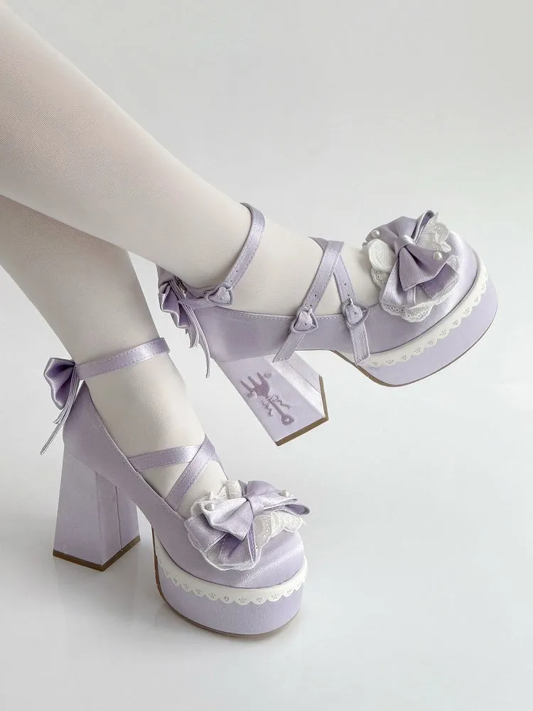 Purple Lolita Lace Bowknot Buckle Straps Fork Platform Block High Heels