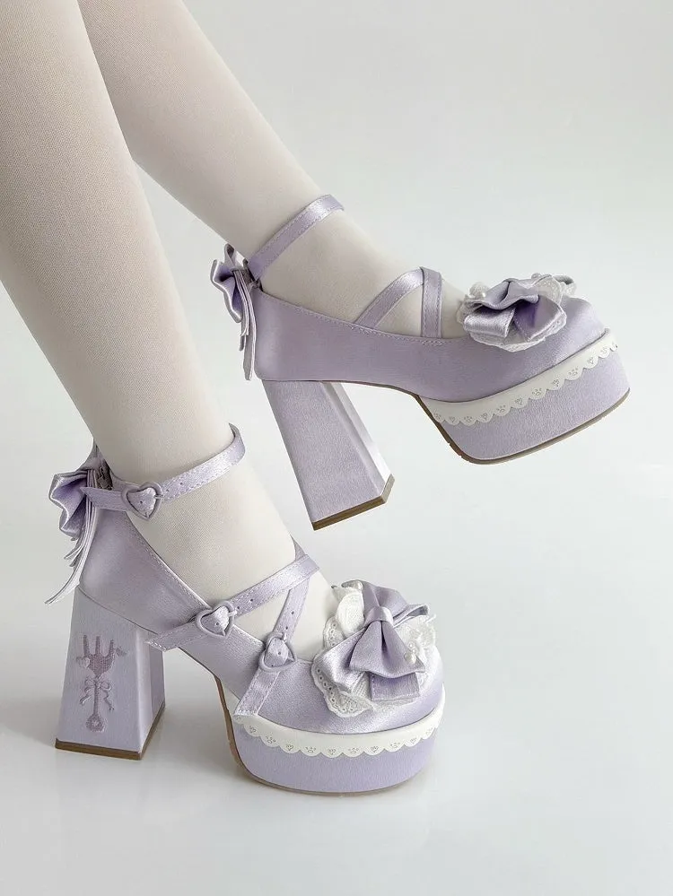 Purple Lolita Lace Bowknot Buckle Straps Fork Platform Block High Heels