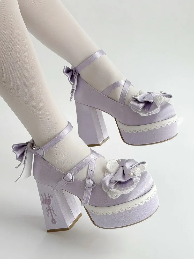 Purple Lolita Lace Bowknot Buckle Straps Fork Platform Block High Heels