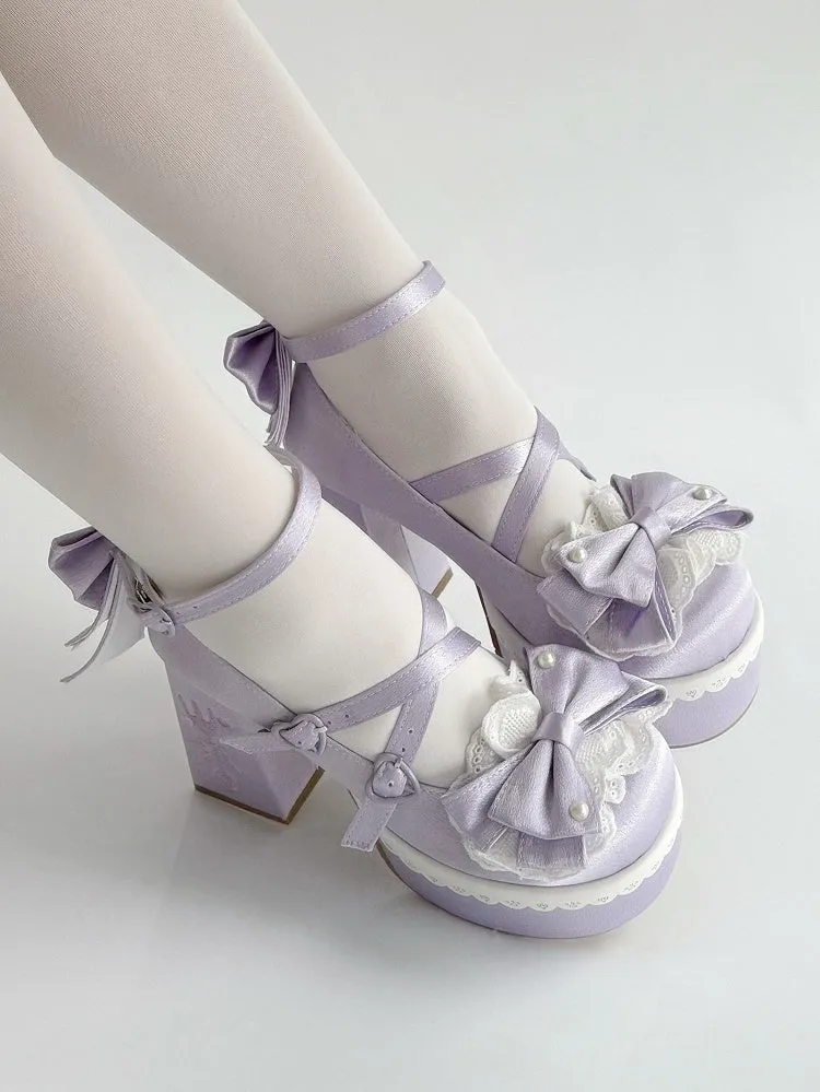 Purple Lolita Lace Bowknot Buckle Straps Fork Platform Block High Heels