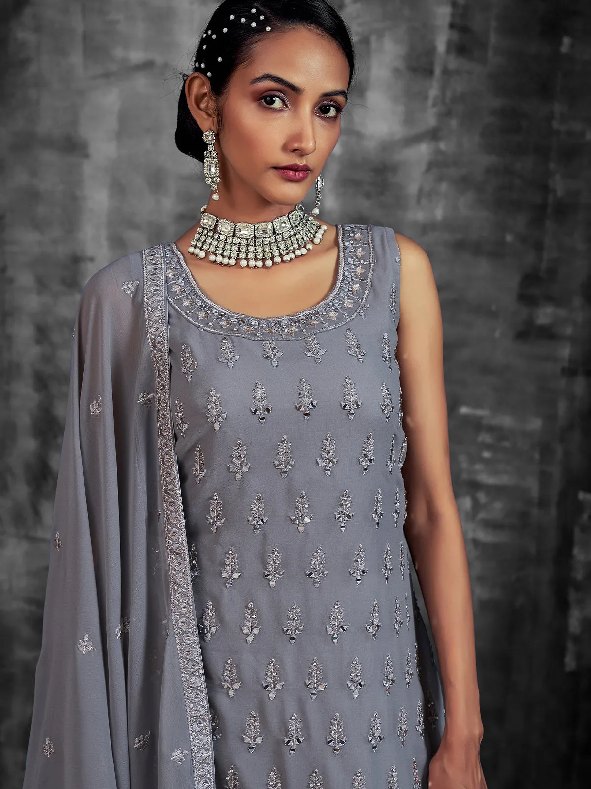 Stylish Embroidered Grey Georgette Stitched Kurta Set