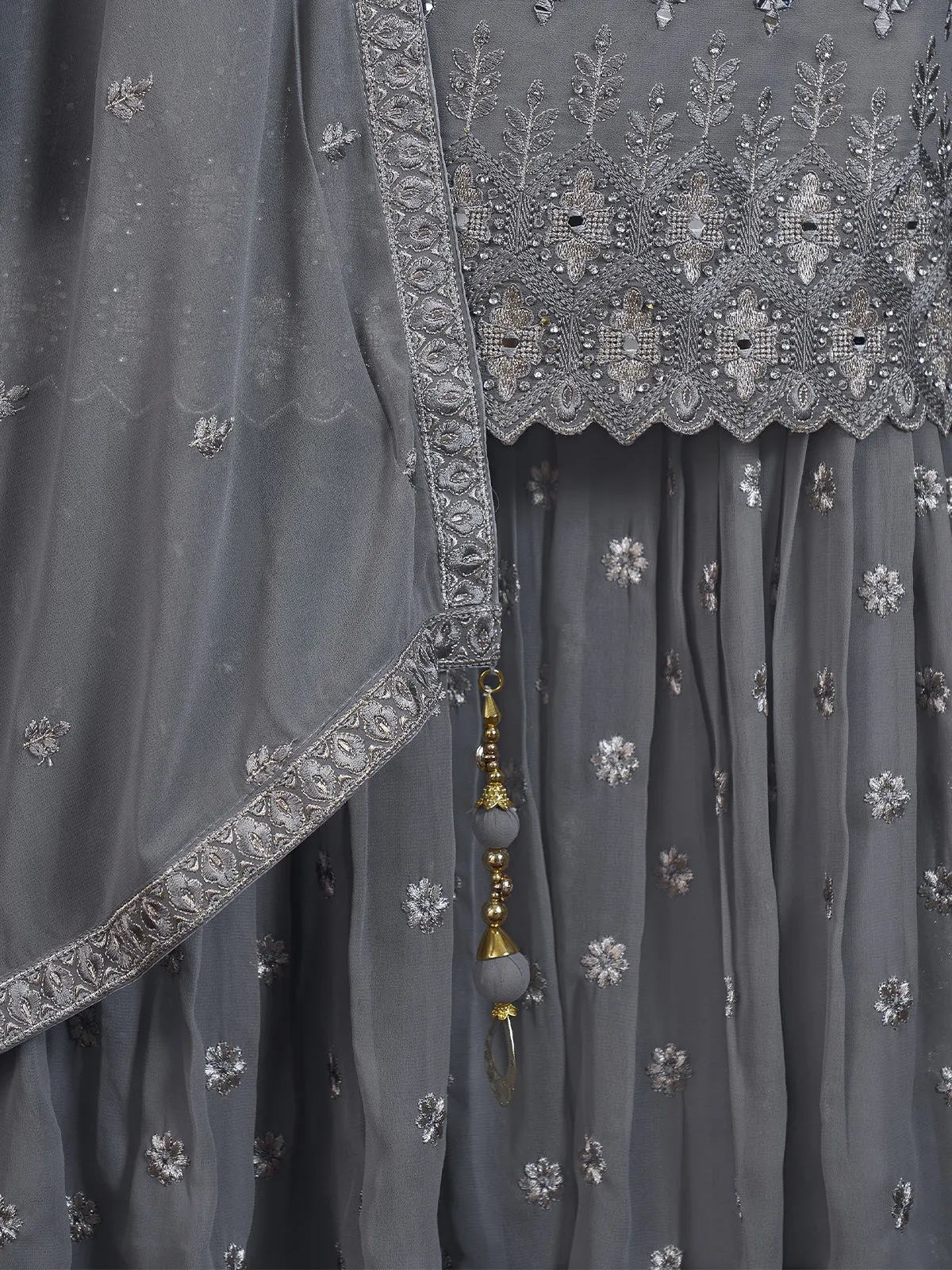 Stylish Embroidered Grey Georgette Stitched Kurta Set