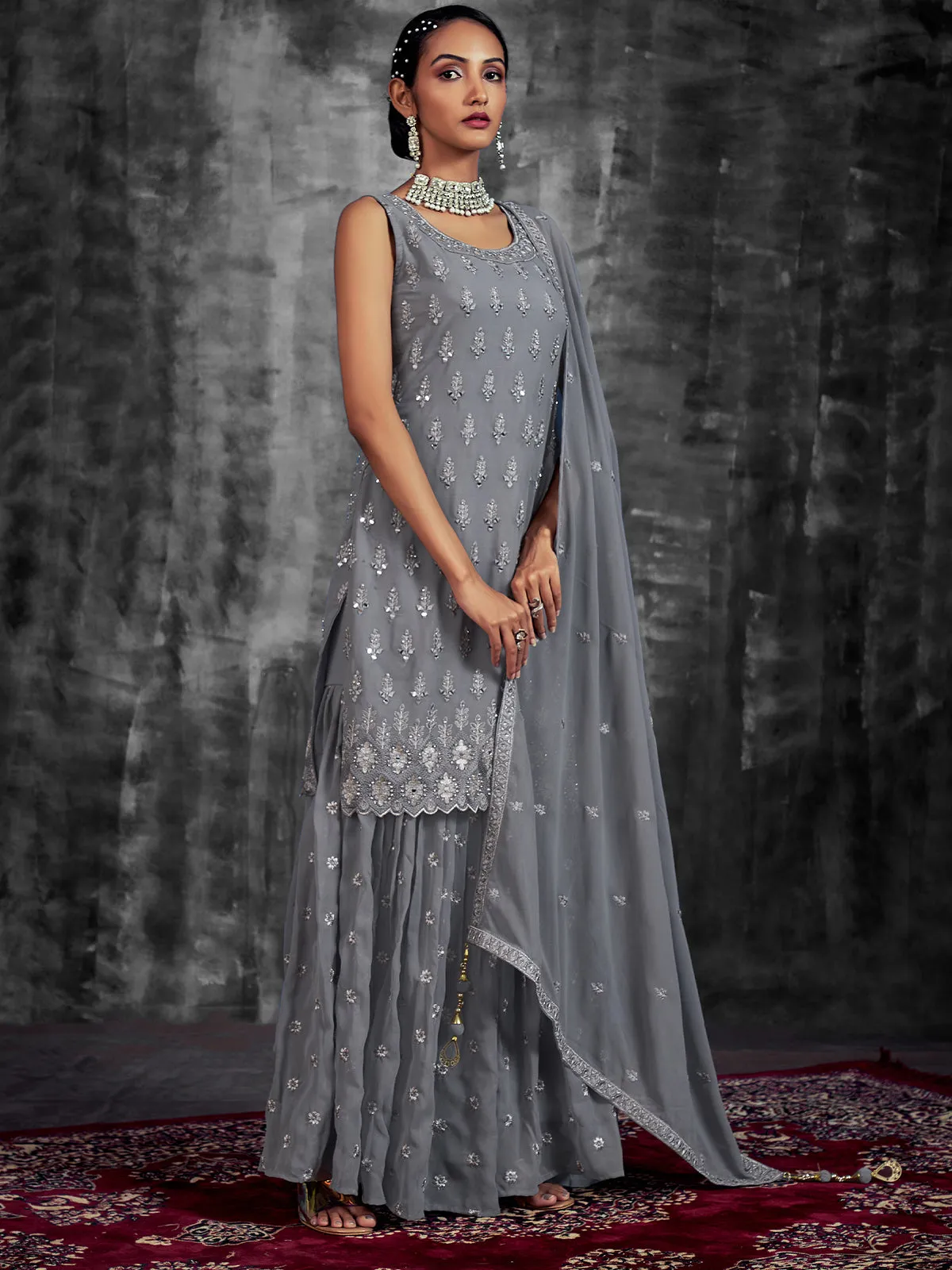 Stylish Embroidered Grey Georgette Stitched Kurta Set