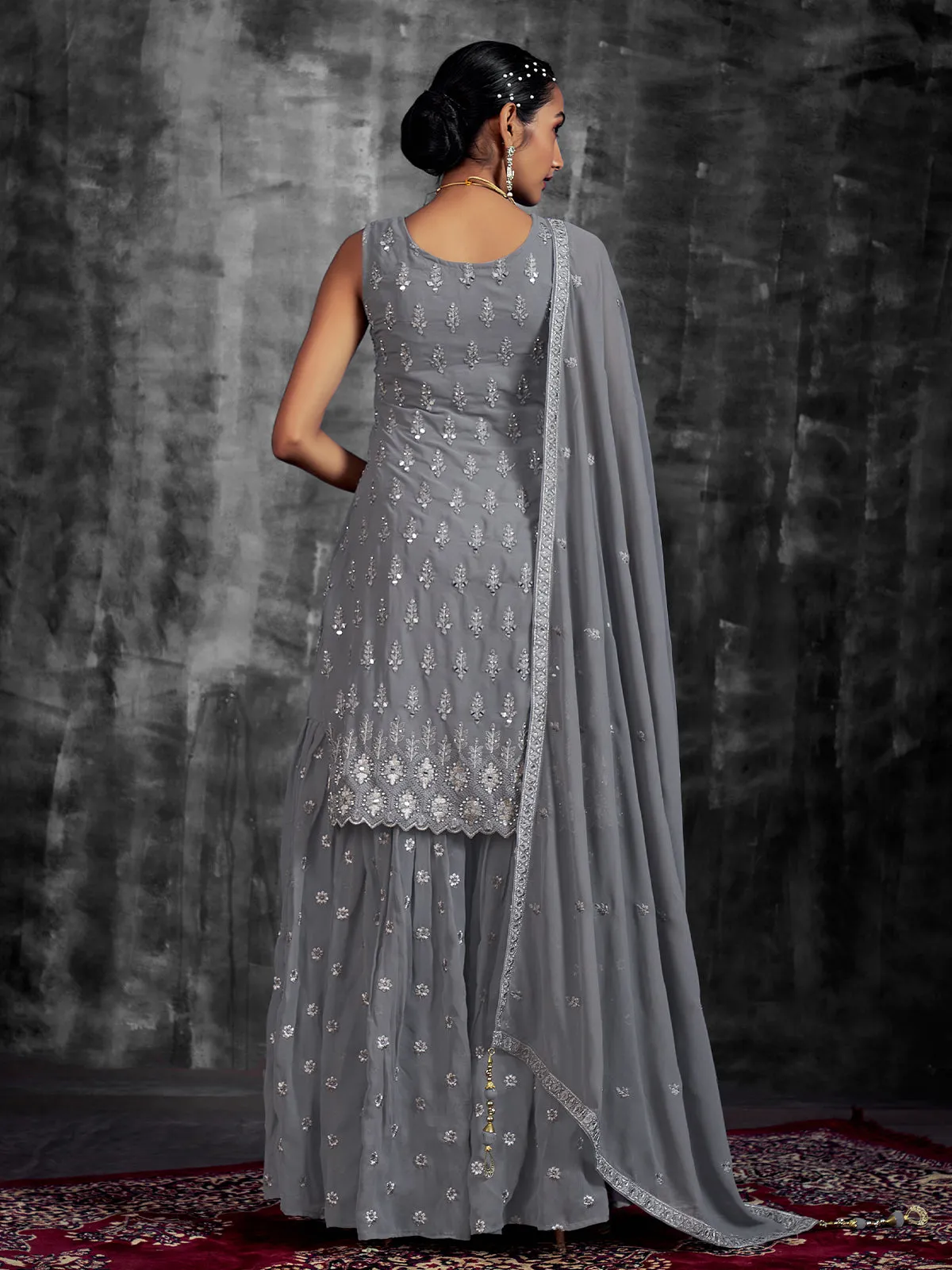Stylish Embroidered Grey Georgette Stitched Kurta Set