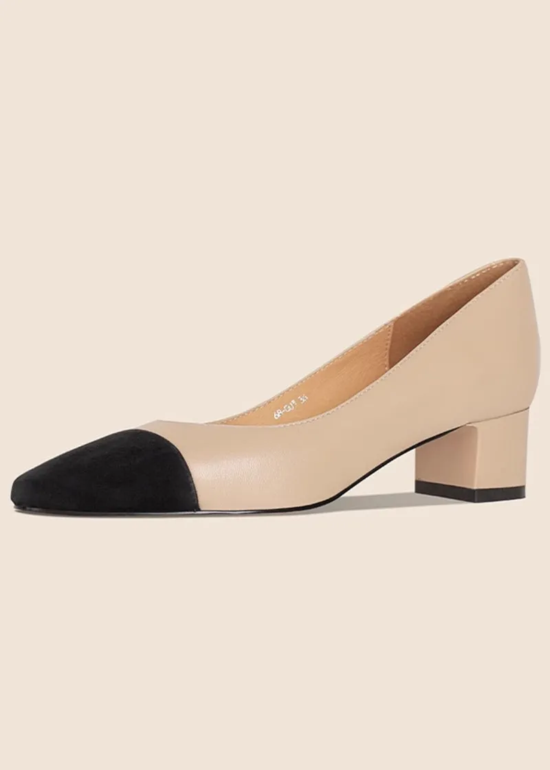 Two-Tone Patchwork Leather Block Heel Pumps