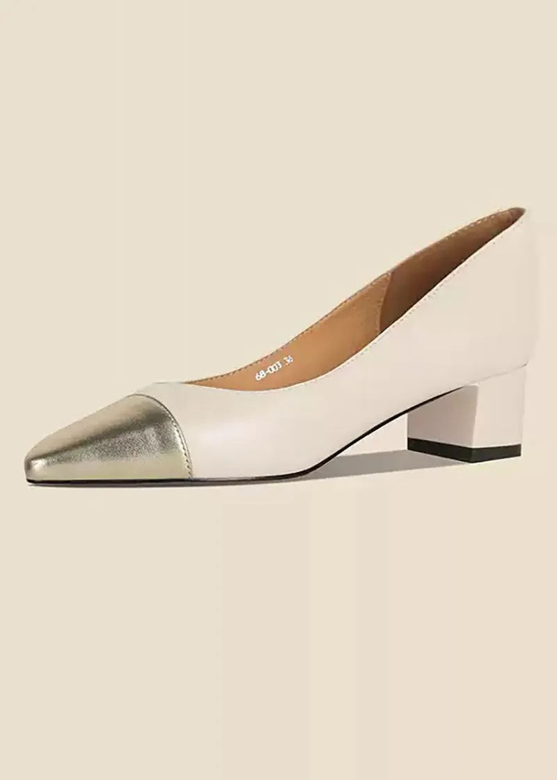 Two-Tone Patchwork Leather Block Heel Pumps
