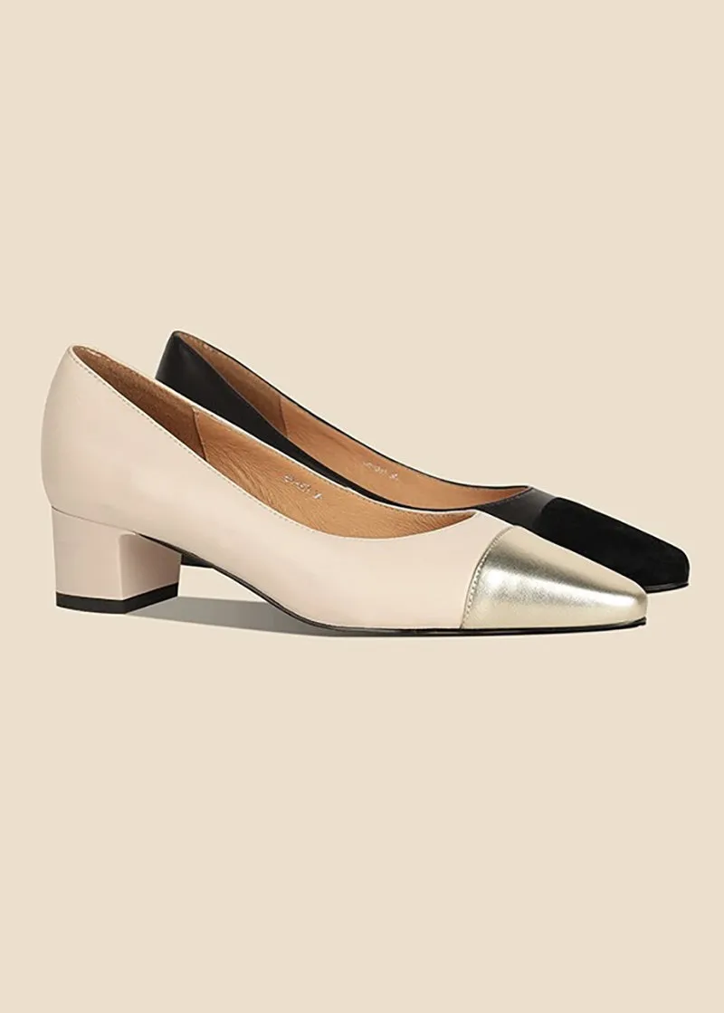 Two-Tone Patchwork Leather Block Heel Pumps