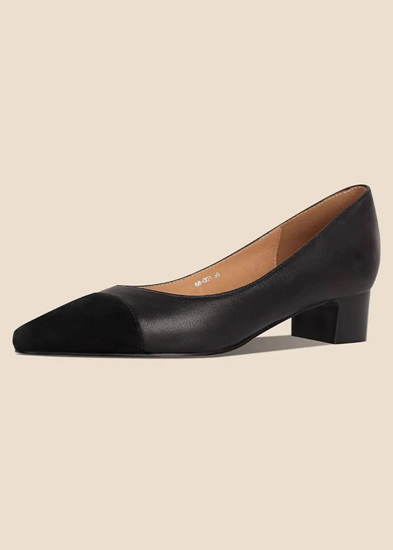 Two-Tone Patchwork Leather Block Heel Pumps