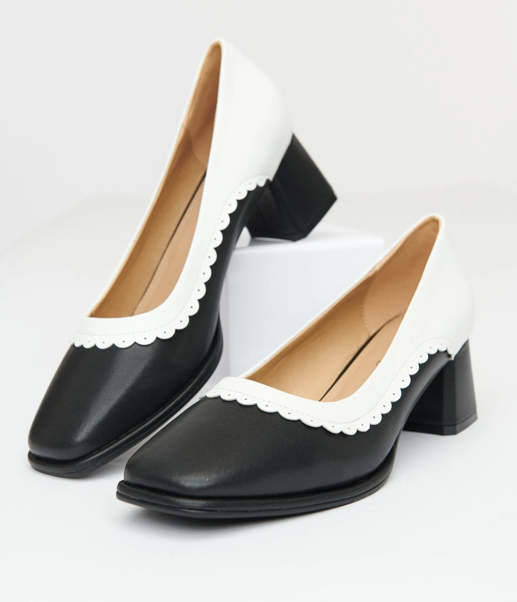 Unique Vintage 1950s Black & White Square Toe Pumps