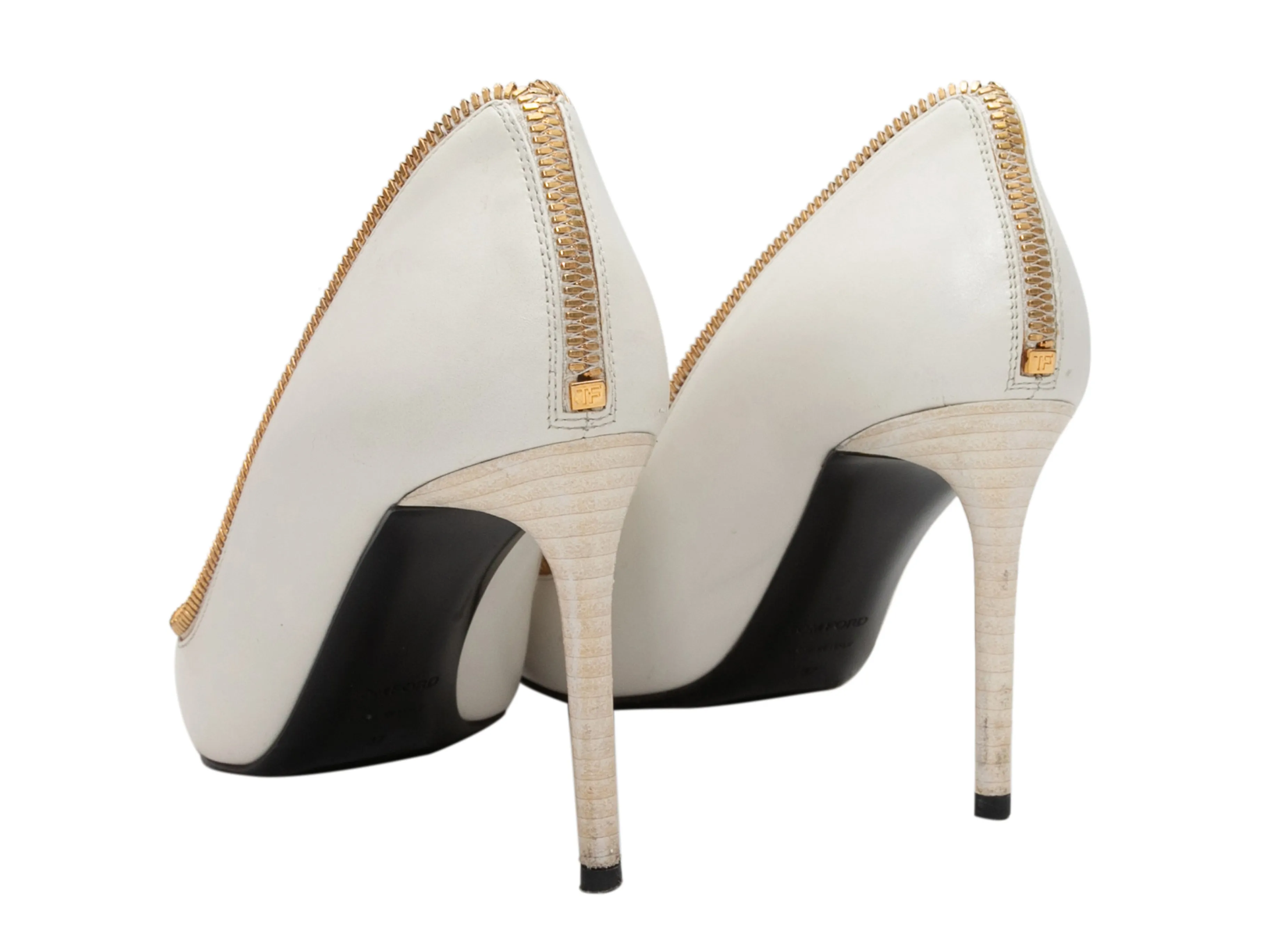 White & Gold-Tone Tom Ford Pointed-Toe Zipper Pumps Size 37