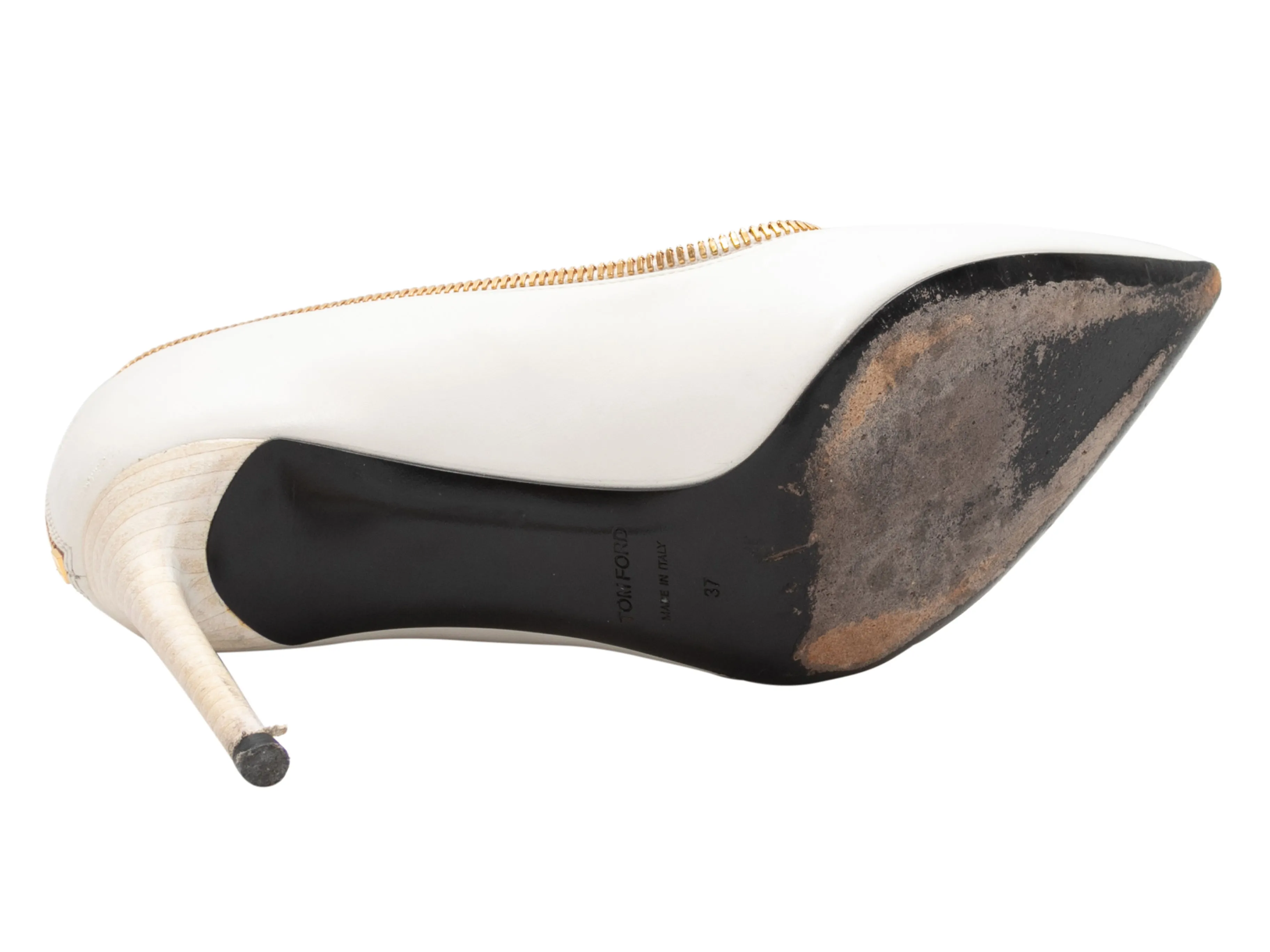White & Gold-Tone Tom Ford Pointed-Toe Zipper Pumps Size 37
