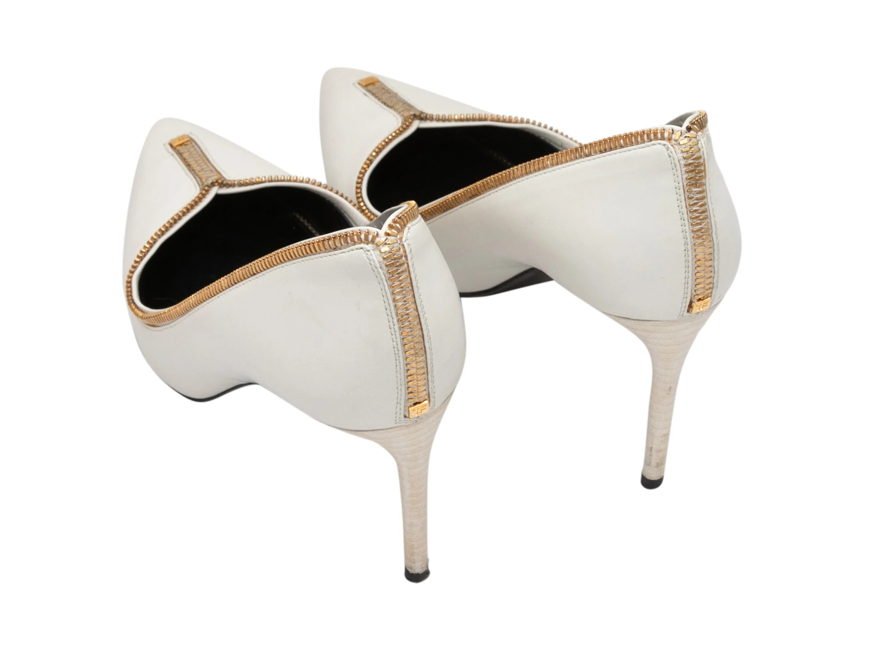White & Gold-Tone Tom Ford Pointed-Toe Zipper Pumps Size 37