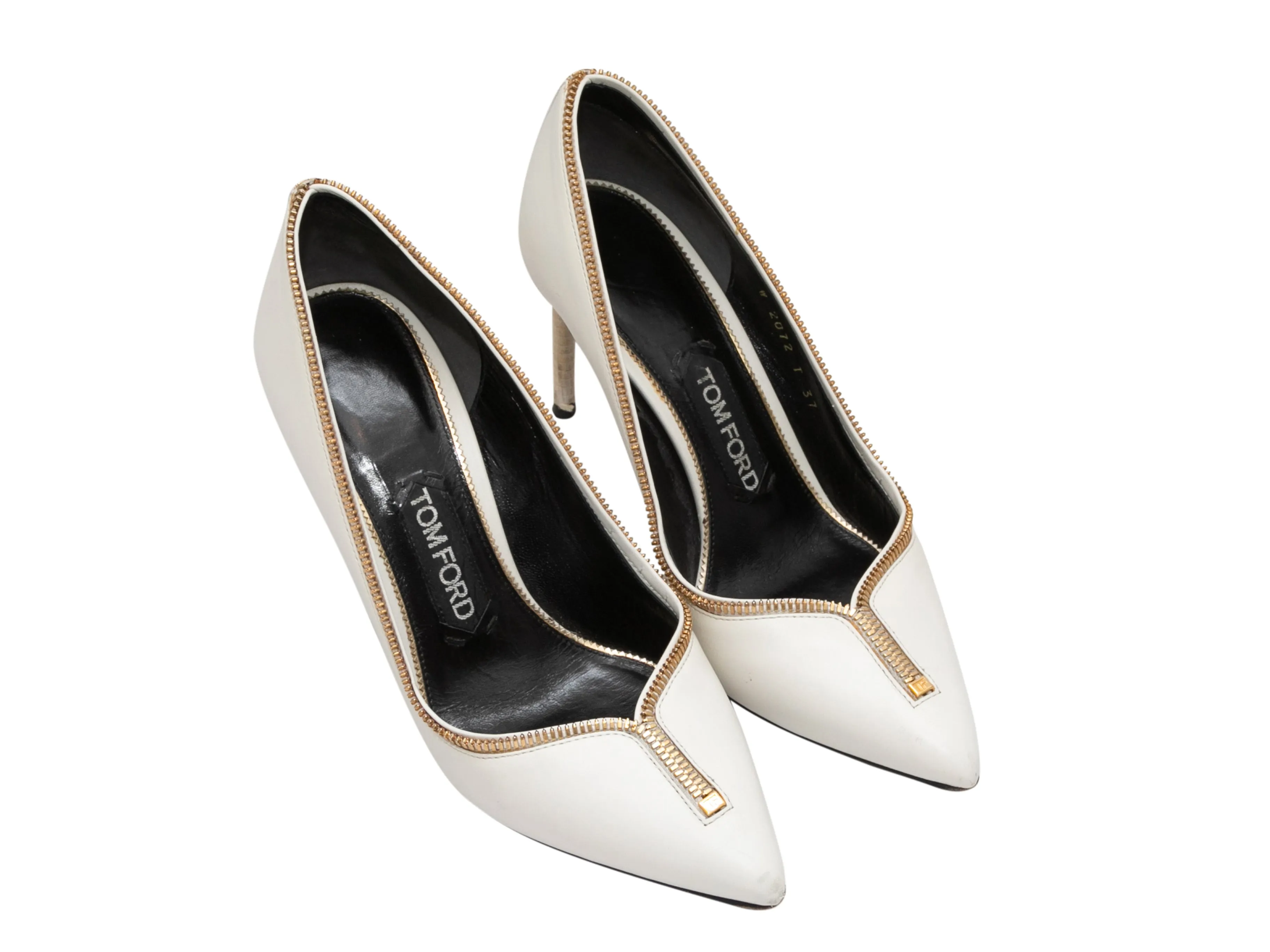 White & Gold-Tone Tom Ford Pointed-Toe Zipper Pumps Size 37